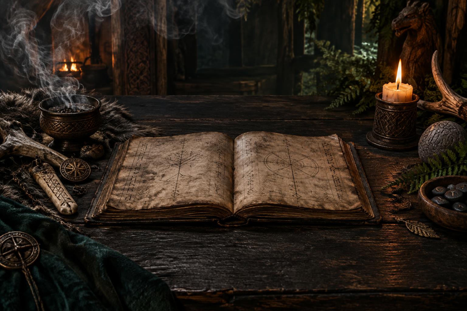 Ancient book open on a wooden table, surrounded by candles and smoke
